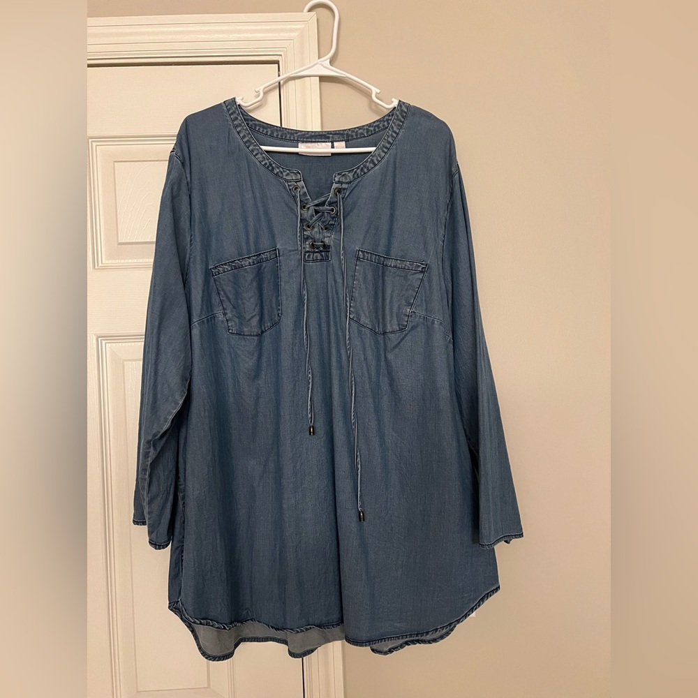 Belle Kim Gravel Top Blue Chambray Tunic Stretch Lace Up Womens Size 2X